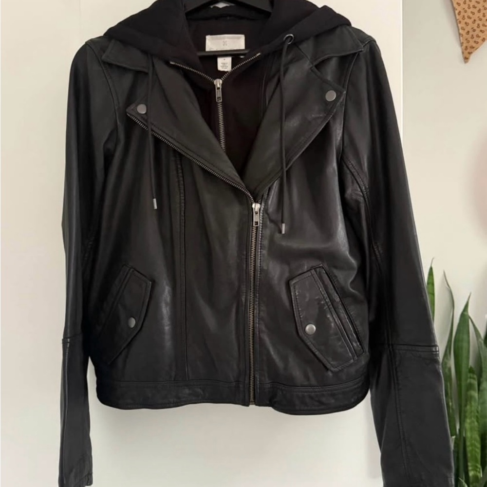 Caslon Black Leather Jacket with Removable Hood